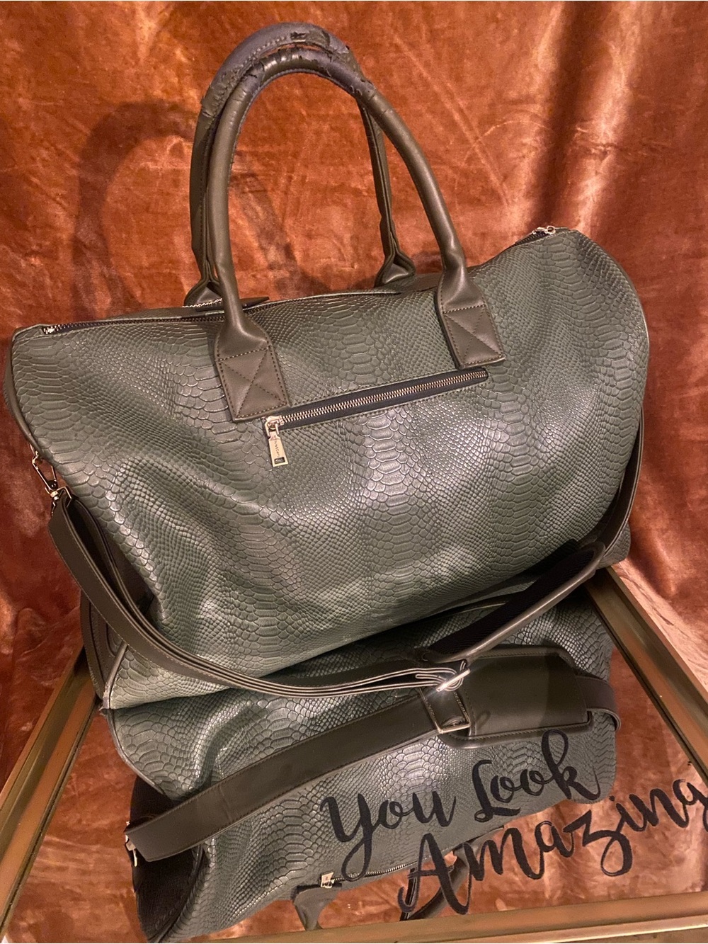 Men's Olive Green Faux-Snakeskin Duffle Bag -
